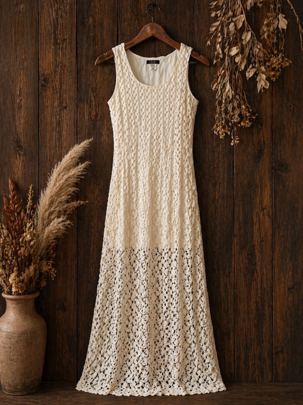 Vintage 90s Deb Boho Open Knit Cream Maxi Dress Sleeveless Large Cottagecore